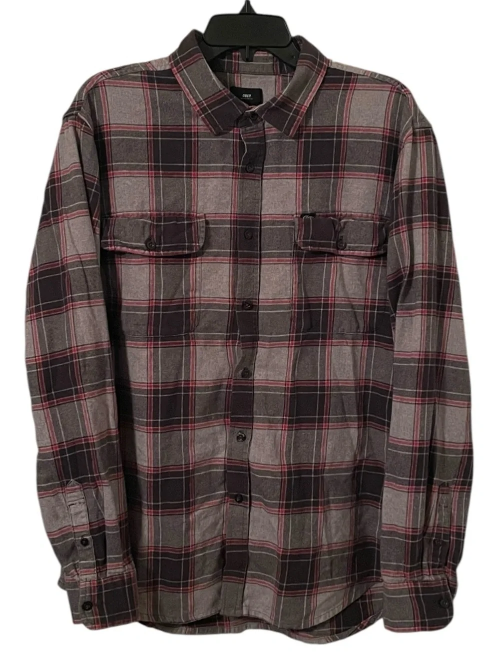 Obey Worldwide Men's Gray Red Double Pocket Plaid Button Up Shirt Top Size XL